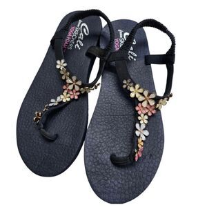 Skechers happy Daisy Dark Blue Sandals with enamel Floral flowers Design size 6